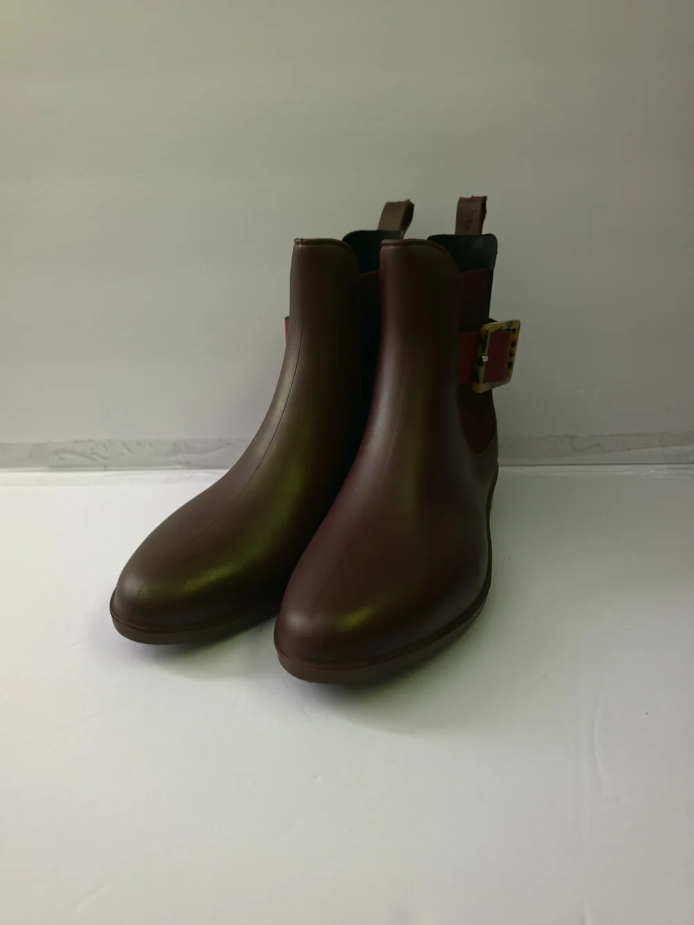Women's Burgundy Chelsea Rain Boot with Decorative Buckle